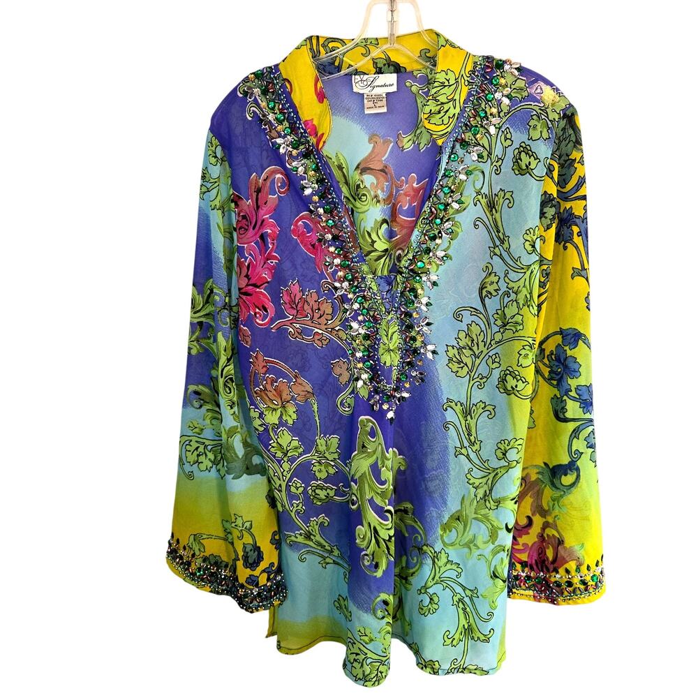 EY Signature Large Women's Top Green Beaded Shirt Blouse Misses Size 12 14 L